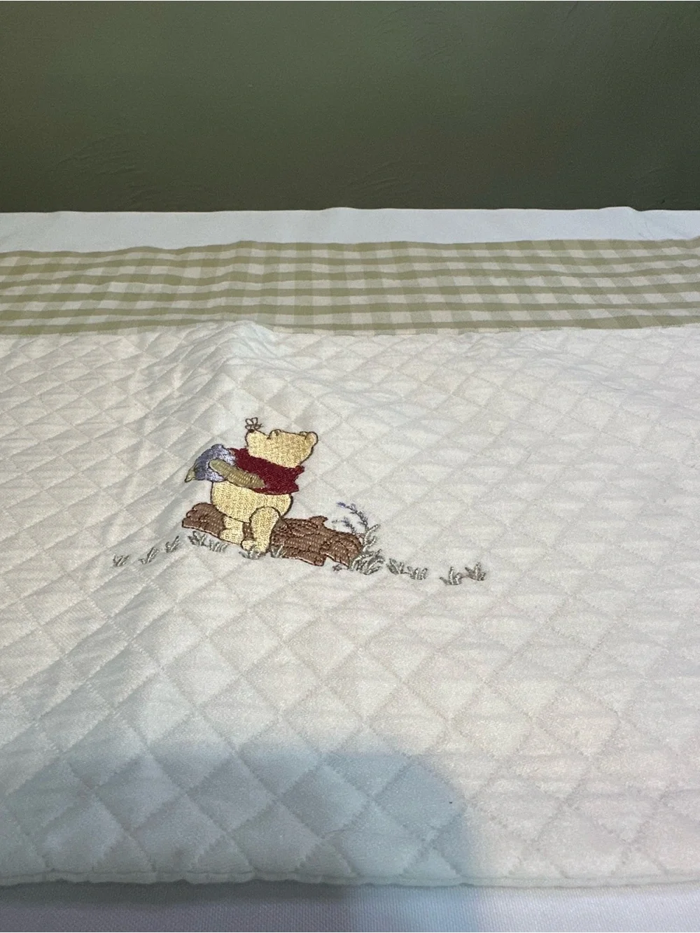 Quilted Winnie the Pooh patchwork window valances  in White and Sage Green